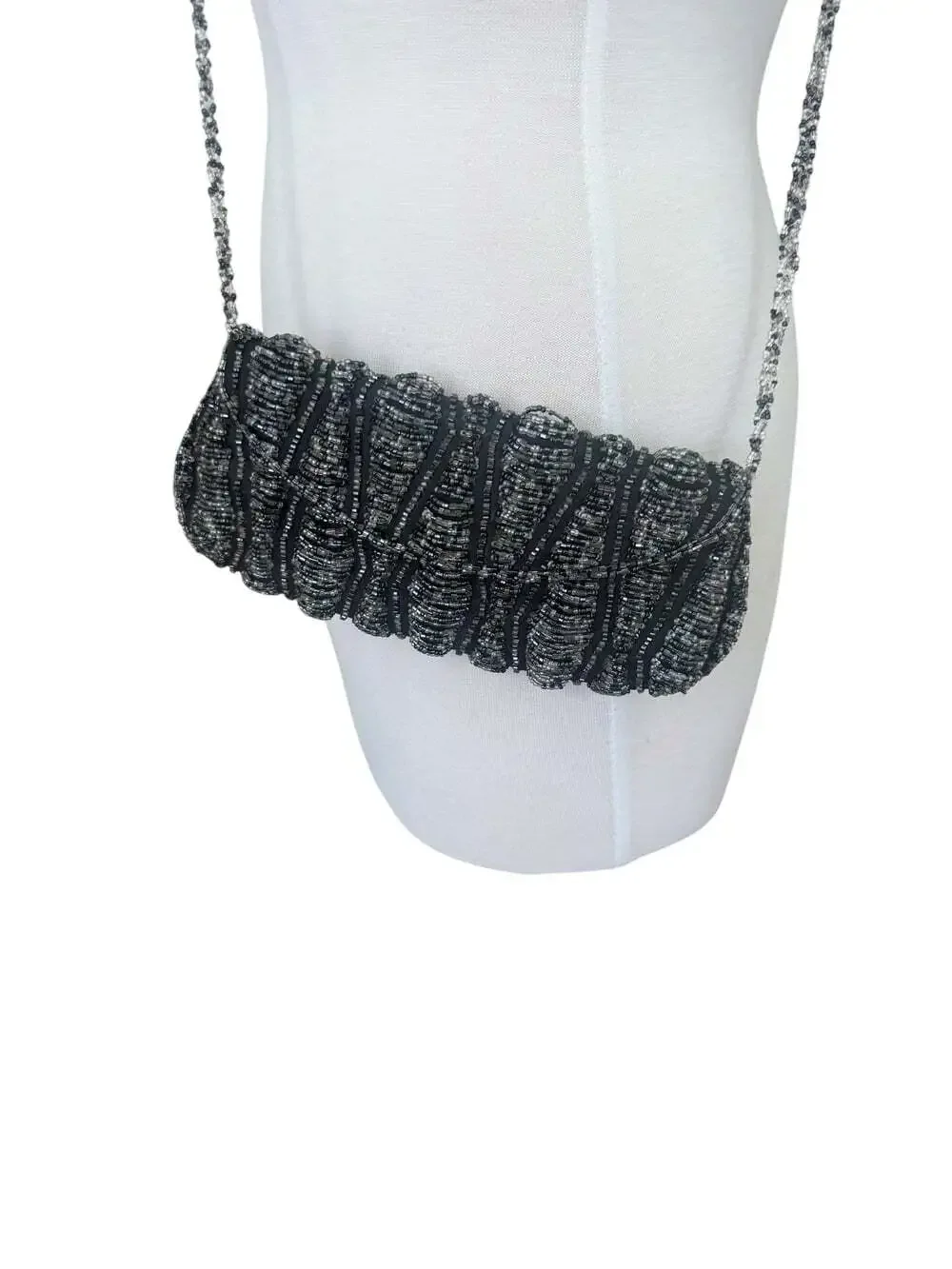 Vintage 90s Valerie Stevens Black Satin Iridescent Beaded Mini Crossbody Clutch